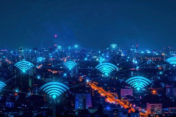 Modern city with wireless network connection and cityscape concept.Wireless network and connection technology concept with city background at night with generative ai