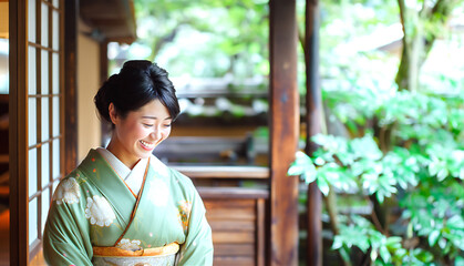 日本家屋にて笑顔で佇む着物姿の若い女性