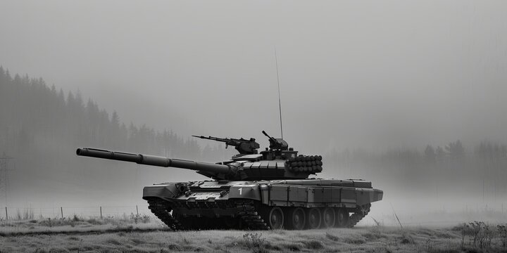 A tank is driving through a foggy field. The tank is large and has a lot of firepower. The fog makes it difficult to see the tank, but it is clear that it is moving through the field
