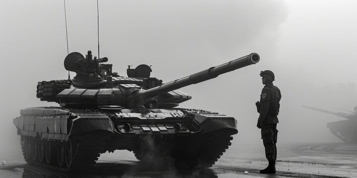 A soldier stands in front of a large tank. The tank is black and white, and the soldier is wearing a camouflage uniform. The scene is set in a foggy environment, adding a sense of mystery