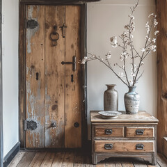Hallway interior with wooden chest of drawers and vase with dried flowers