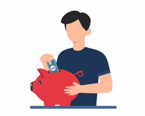 men putting coin into piggy bank saving money vector illustration
