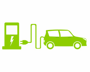 green electric car with charging station plug icon ecofriendly vehicle vector illustration
