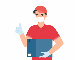 delivery courier man in a protective medical mask and gloves holding parcel box Safe delivery and courier service vector illustration
