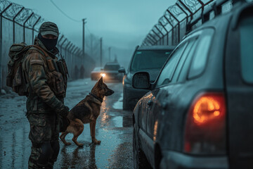 Male border guard with German Shepherd on the road at a checkpoint