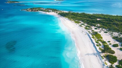 aerial view of a coastline with turquoise water and white sand beaches, framed by a lush green tree and a clear blue sky - Powered by Adobe