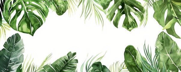 Summer tropical background. palm leaves, monstera leaf, botanical watercolor background, invitation, poster, banner - Generative AI