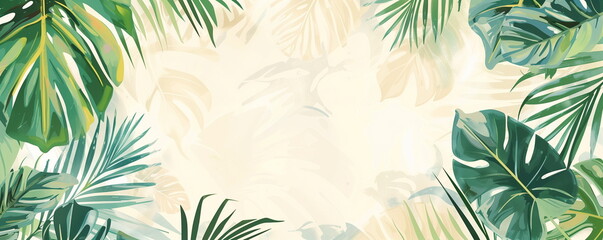 A frame border made of tropical leaves illustrations such as monstera and palm trees on a light yellow background. Summer background. Center copy space.  Generative AI