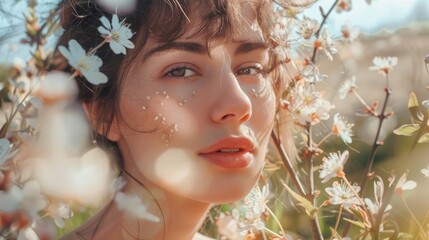 woman with spring wild flowers on a sunny day.