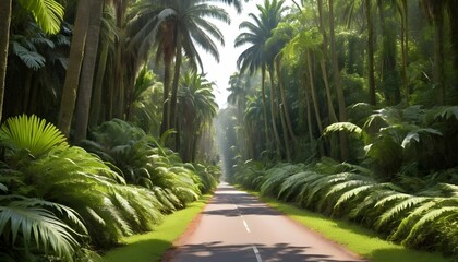 A jungle road bordered by towering palms and lush upscaled 18