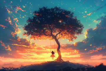 A little girl swings on a swing under a big tree at sunset. Watercolor illustration