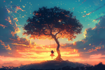 Obraz premium A little girl swings on a swing under a big tree at sunset. Watercolor illustration