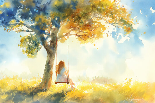 A little girl swings on a swing under a large tree. Watercolor illustration