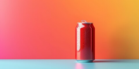 A can of soda is sitting on a table with a colorful background. The can is open and has condensation on it, giving it a cool and refreshing appearance. Concept of relaxation and enjoyment