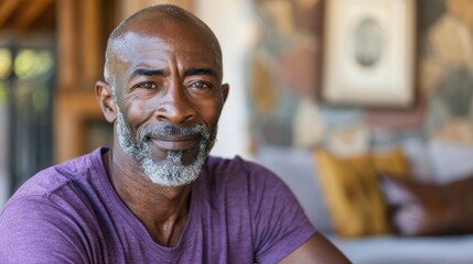 An African American senior man wearing a purple shirt is seated in a living room