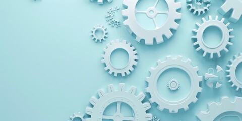 A blue background with many white gears on it. The gears are all different sizes and shapes. Concept of complexity and interconnectedness, as each gear is an essential part of the larger system