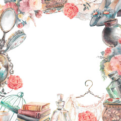 Frame vintage books, flowers and beauty items. Watercolor hand drown illustration isolated on white