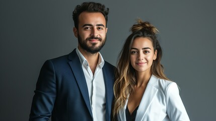 Confident business duo in professional attire with friendly smiles against a neutral gray backdrop