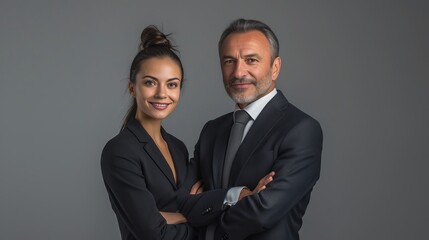 Confident business duo in professional attire with friendly smiles against a neutral gray backdrop