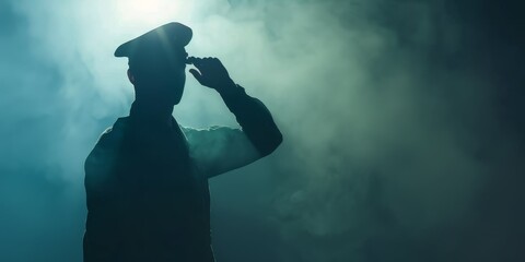 A man in a police uniform is saluting in the dark. The image has a moody and somber feel to it, as the man stands alone in the shadows