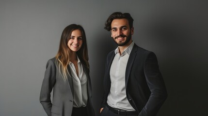 Confident business duo in professional attire with friendly smiles against a neutral gray backdrop