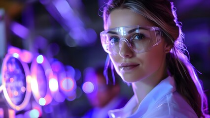 Female mechanical engineer in industrial setting with workers wearing safety glasses. Concept Mechanical Engineer, Industrial Setting, Safety Glasses, Female Worker, Engineering Team