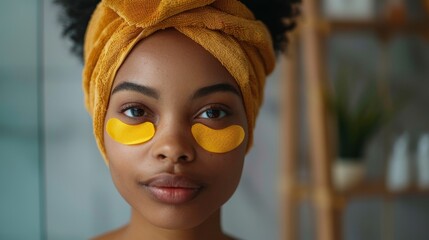 Closeup of a serene black woman with eye patches on her face, postshowering ritual