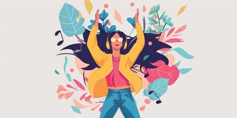 A woman is dancing in a field of flowers. She is wearing a yellow jacket and blue jeans