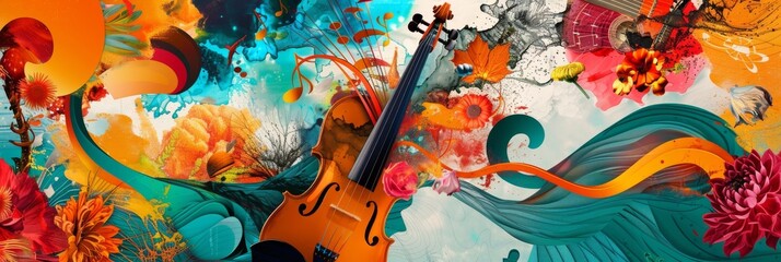 Obraz premium Summer Music Collage, Surreal Trendy Contemporary Poster, Fall Music Concept