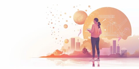 A woman is holding a tablet in front of a city and a large planet. The image is a representation of the future and the woman is looking at the tablet