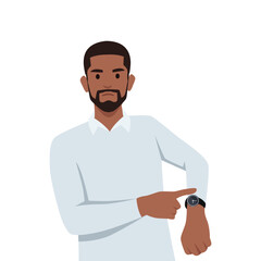 Dissatisfied black man shows on the clock. Hurry up. Deadline. Flat vector illustration isolated on white background