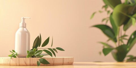 A bottle of lotion sits on a wooden table next to a leafy green plant. Concept of relaxation and self-care, as the lotion is often used to moisturize and nourish the skin