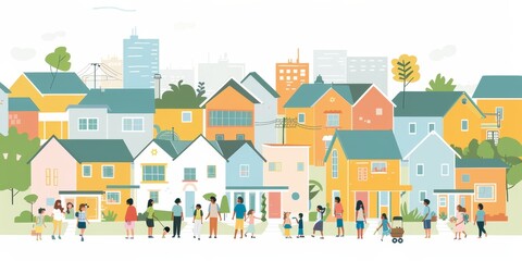 A group of people are walking down a street in a neighborhood. The houses are all different colors and sizes