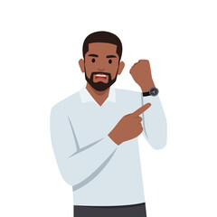 Young angry businessman office worker standing and pointing on watch on hand. Flat vector illustration isolated on white background