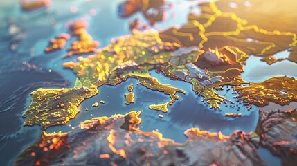 Map of Europe on planet Earth at sunset. 3D illustration.