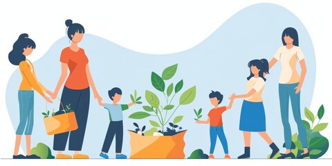 Naklejka premium A group of people are holding plants and a child is holding a plant in a bag. Concept of community and togetherness as the group of people work together to plant the seedlings