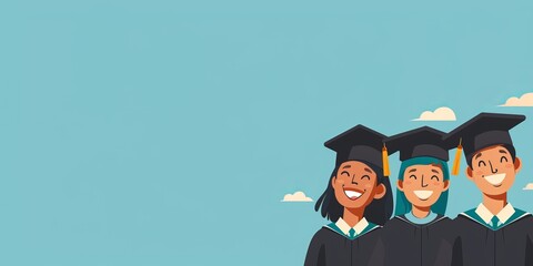 Three graduates are smiling and wearing caps and gowns. The image is of a graduation ceremony. The graduates are standing close to each other, and the background is a blue sky