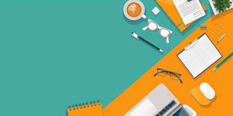 A desk with a laptop, a mouse, a notebook, a cup, a pen, and a pair of glasses