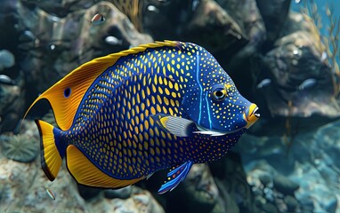 A majestic angelfish with striking blue and yellow patterns hovering near a rocky overhang