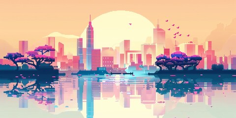 A city skyline with a pink and purple sunset in the background. The city is reflected in the water, creating a serene and peaceful atmosphere
