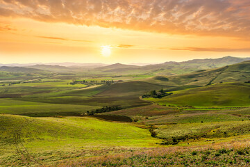 Obraz premium spring season green landscape of green field and meadow in a hill countryside with mountains and beautiful sunset sky on background