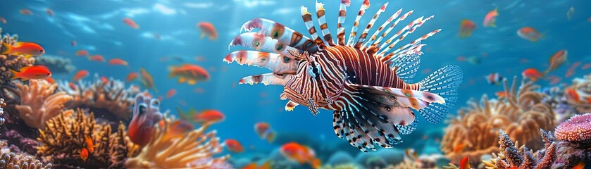 A lionfish with its distinctive long spines and vibrant stripes drifting gently above the coral reef