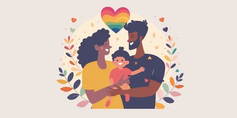 A family of three, a man and two women, are holding a baby. The image is colorful and cheerful, with a rainbow heart in the center. Scene is warm and loving, as the family is embracing