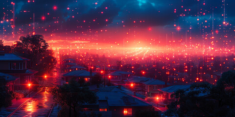 Obraz premium Suburban Smart Digital Community - IoT Networking, Homes Data Exchange Visualization at Night