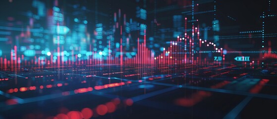 Futuristic financial analysis: interactive 3D graphs displaying stock market trends and cryptocurrency investments through advanced blockchain data interpretation