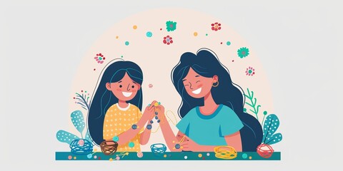 A woman and a girl are making bracelets together. The girl is smiling and the woman is smiling as well. The scene is bright and cheerful, with a sense of togetherness and bonding between the two women