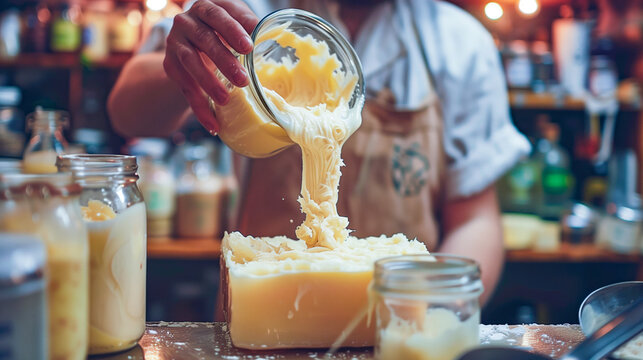 Worker pouring artisanal soap in a glass form