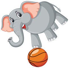 Cartoon elephant balancing on an orange basketball