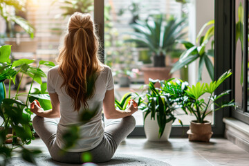 Woman prioritizing self-care and stress management, yoga pose and calm moment