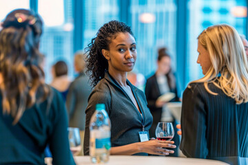A lively networking event at the B2B conference with businesswomen from diverse backgrounds